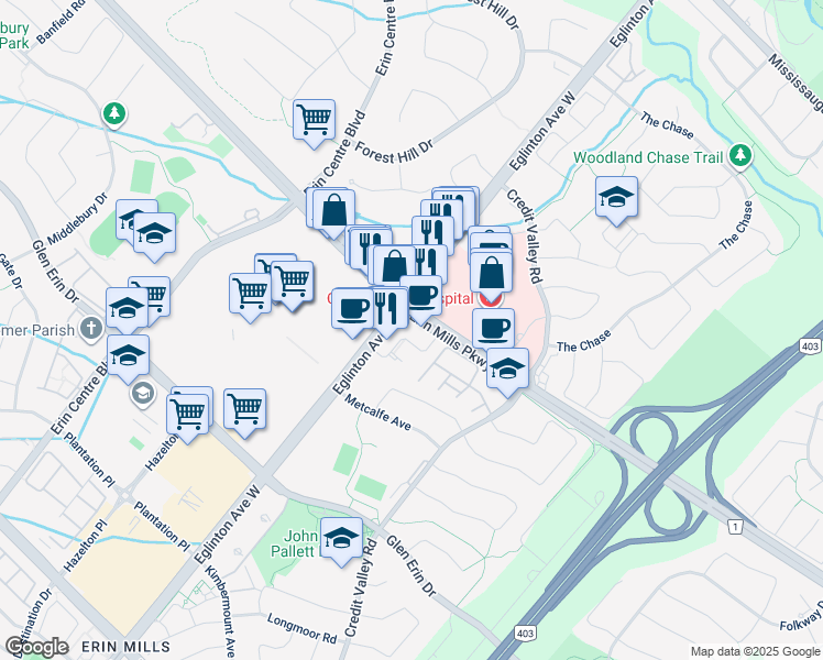 map of restaurants, bars, coffee shops, grocery stores, and more near 2520 Eglinton Avenue West in Mississauga