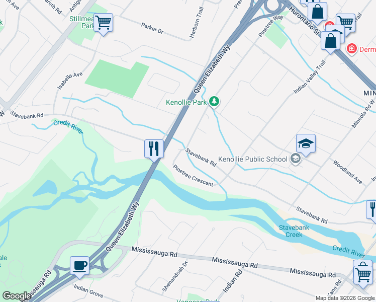 map of restaurants, bars, coffee shops, grocery stores, and more near 380 Pinetree Way in Mississauga