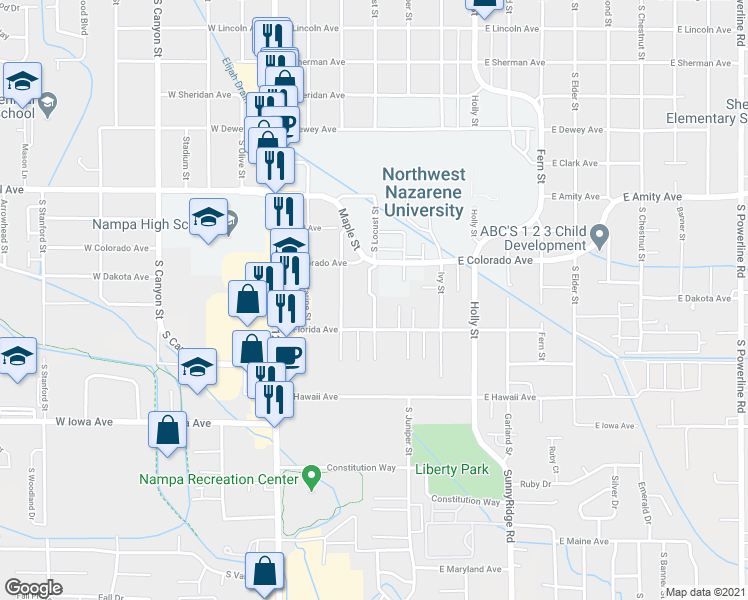 map of restaurants, bars, coffee shops, grocery stores, and more near 1112 South Locust Street in Nampa