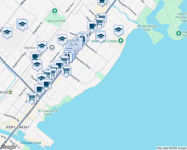 map of restaurants, bars, coffee shops, grocery stores, and more near 75 Cumberland Drive in Mississauga