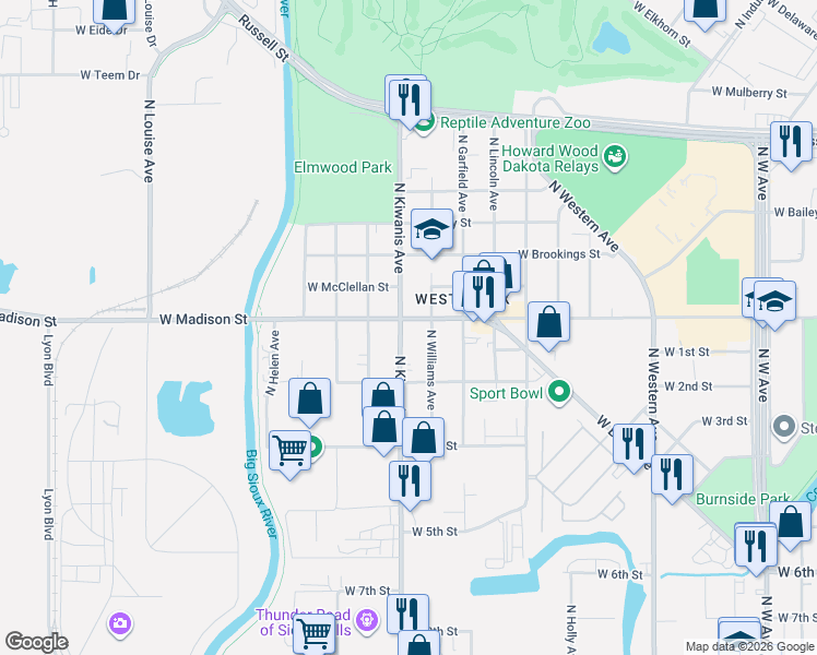 map of restaurants, bars, coffee shops, grocery stores, and more near in Sioux Falls