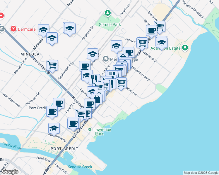map of restaurants, bars, coffee shops, grocery stores, and more near 206 Lakeshore Road East in Mississauga