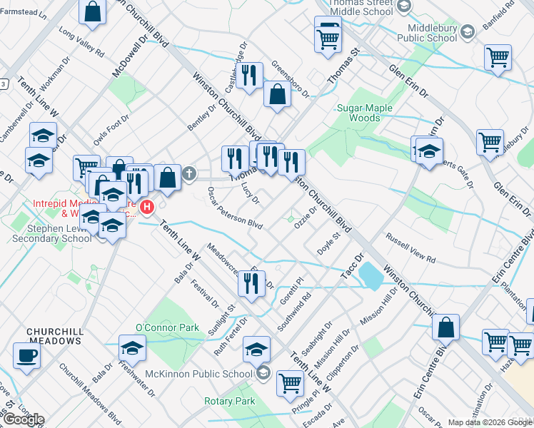 map of restaurants, bars, coffee shops, grocery stores, and more near 3415 Stoney Crescent in Mississauga