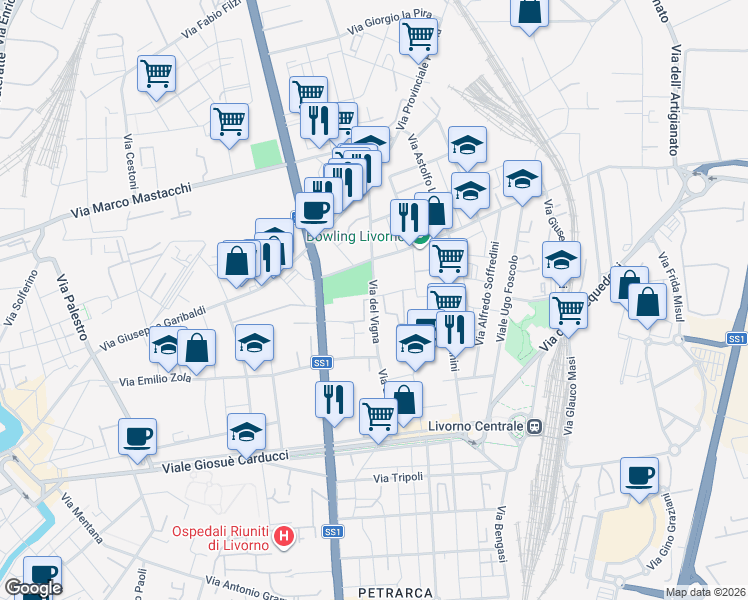 map of restaurants, bars, coffee shops, grocery stores, and more near 202 Via del Vigna in Livorno