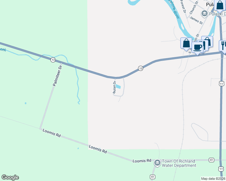 map of restaurants, bars, coffee shops, grocery stores, and more near 41 Nolan Drive in Pulaski