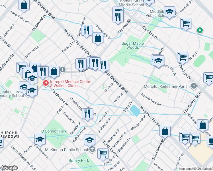 map of restaurants, bars, coffee shops, grocery stores, and more near 5511 Velda Road in Mississauga