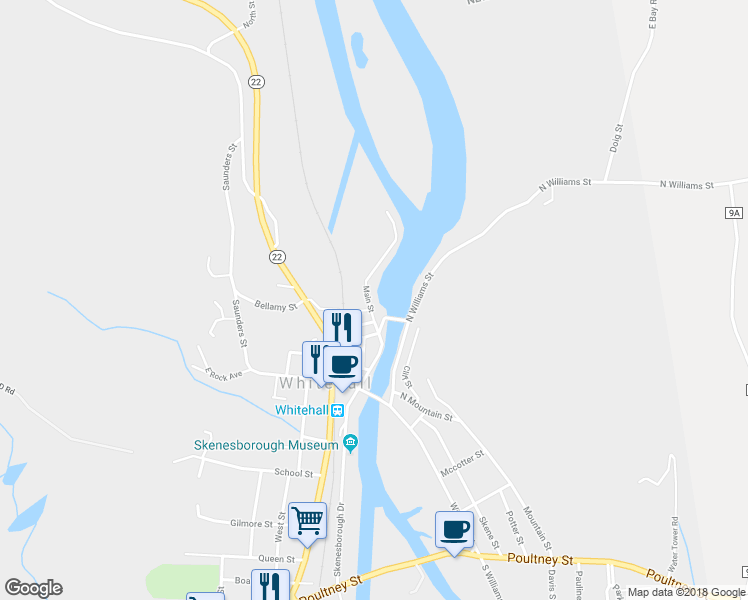 map of restaurants, bars, coffee shops, grocery stores, and more near 21 Main Street in Whitehall