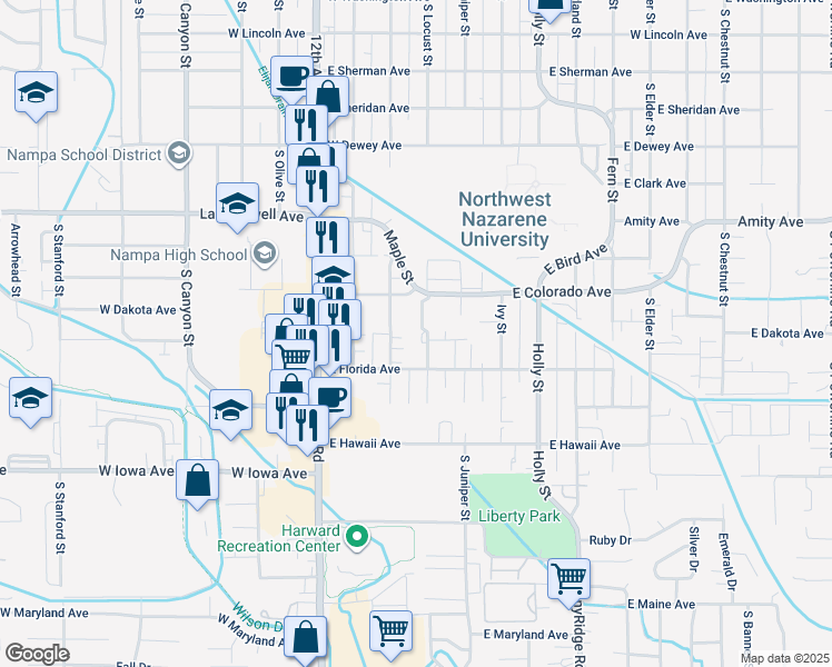 map of restaurants, bars, coffee shops, grocery stores, and more near 1016 Maple Street in Nampa