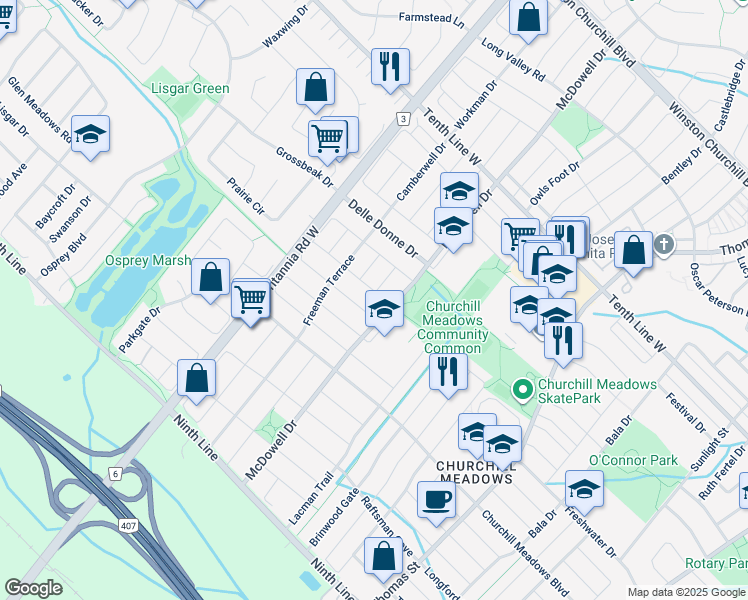 map of restaurants, bars, coffee shops, grocery stores, and more near in Mississauga