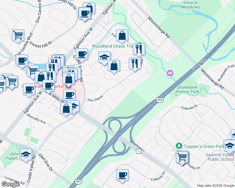 map of restaurants, bars, coffee shops, grocery stores, and more near in Mississauga