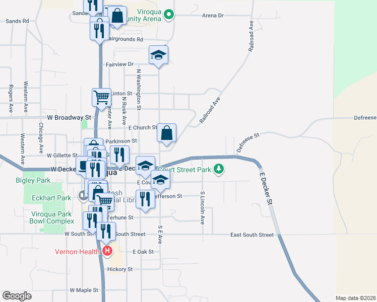 map of restaurants, bars, coffee shops, grocery stores, and more near 315 Railroad Avenue in Viroqua
