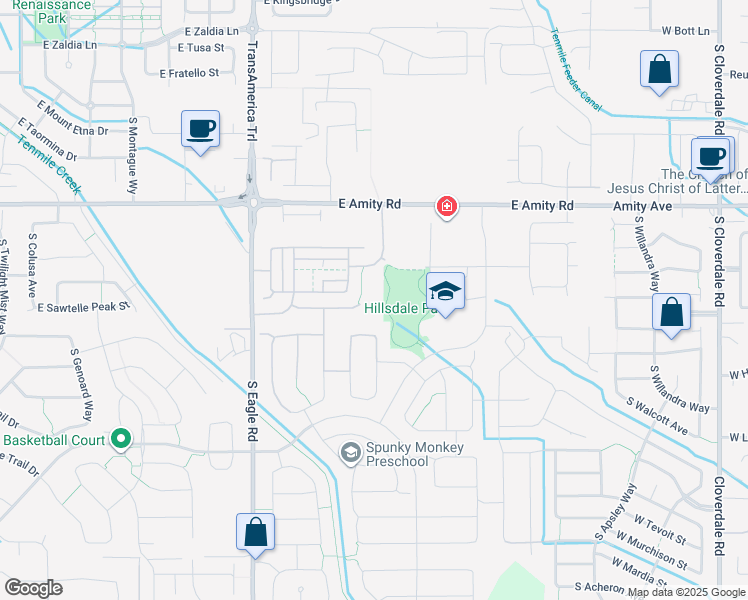 map of restaurants, bars, coffee shops, grocery stores, and more near 3625 East Amity Road in Meridian