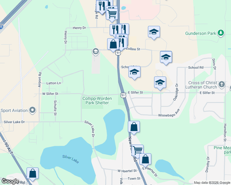 map of restaurants, bars, coffee shops, grocery stores, and more near 2515 Lennon Street in Portage