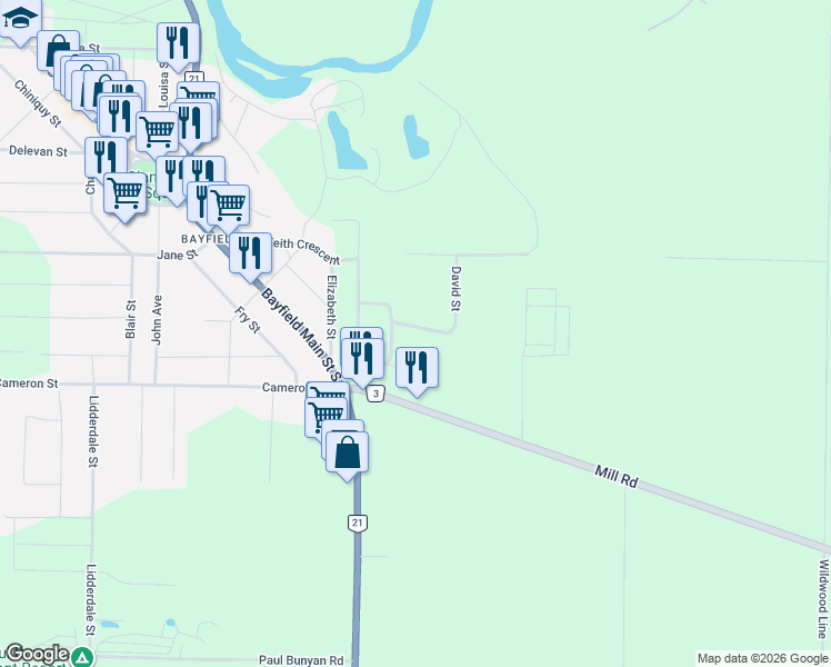 map of restaurants, bars, coffee shops, grocery stores, and more near 6 David Street in Bluewater