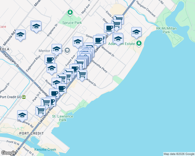 map of restaurants, bars, coffee shops, grocery stores, and more near in Mississauga