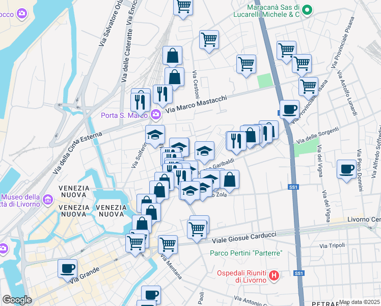 map of restaurants, bars, coffee shops, grocery stores, and more near 9 Via del Riposo in Livorno