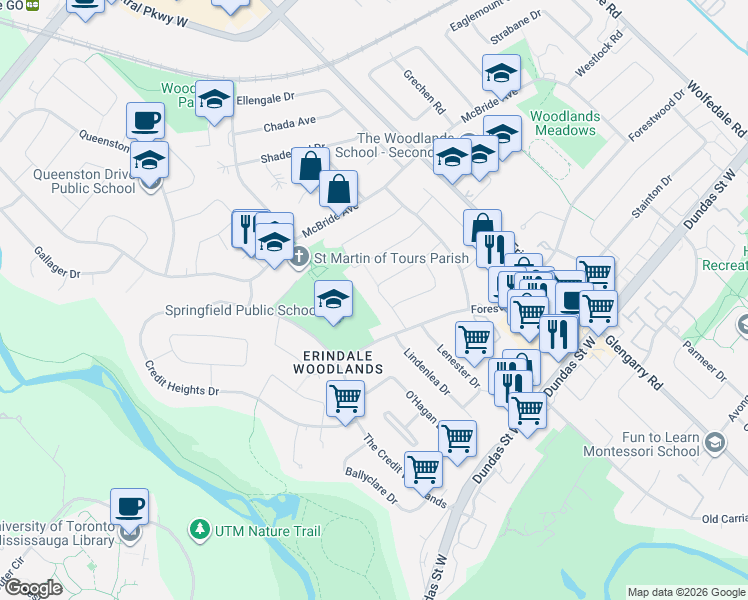 map of restaurants, bars, coffee shops, grocery stores, and more near 1251 Fairdale Drive in Mississauga
