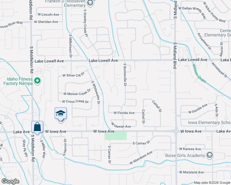 map of restaurants, bars, coffee shops, grocery stores, and more near 1117 South Camas Street in Nampa