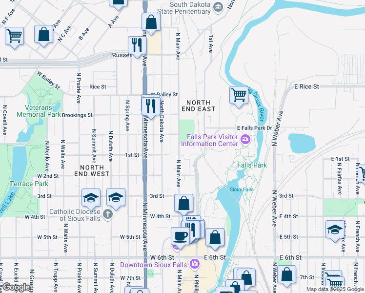 map of restaurants, bars, coffee shops, grocery stores, and more near 910 North Main Avenue in Sioux Falls