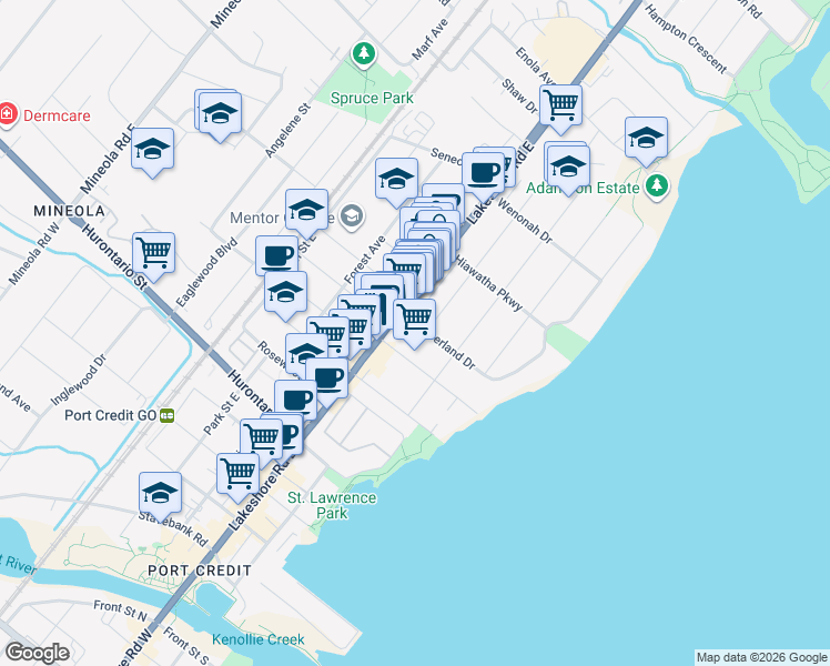 map of restaurants, bars, coffee shops, grocery stores, and more near 8 Cumberland Drive in Mississauga