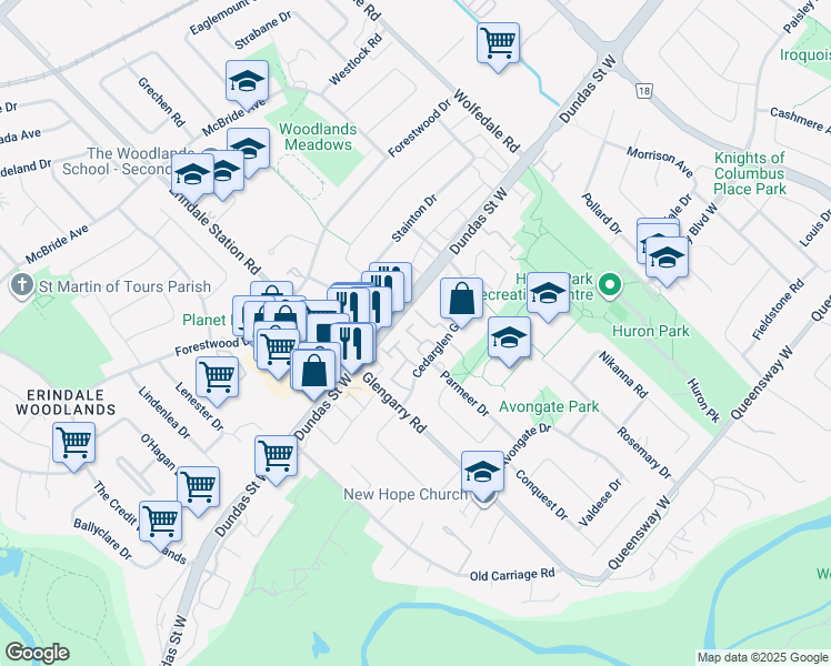 map of restaurants, bars, coffee shops, grocery stores, and more near 7-1039 Cedarglen Gate in Mississauga