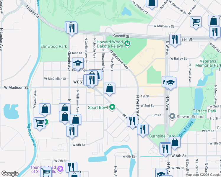 map of restaurants, bars, coffee shops, grocery stores, and more near 2008 West Madison Street in Sioux Falls