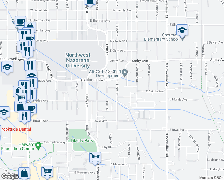 map of restaurants, bars, coffee shops, grocery stores, and more near 1017 South Elder Street in Nampa