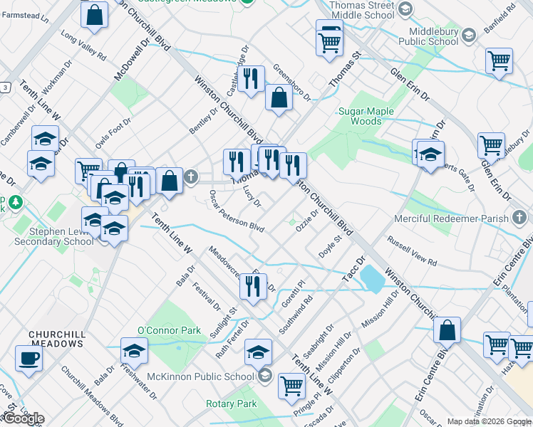 map of restaurants, bars, coffee shops, grocery stores, and more near 3428 Stoney Crescent in Mississauga