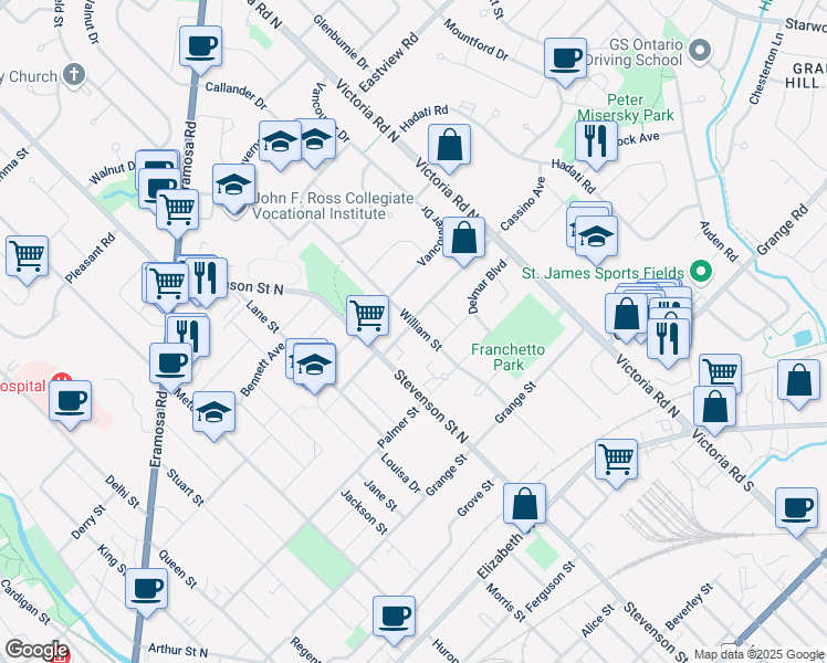 map of restaurants, bars, coffee shops, grocery stores, and more near 77 William Street in Guelph