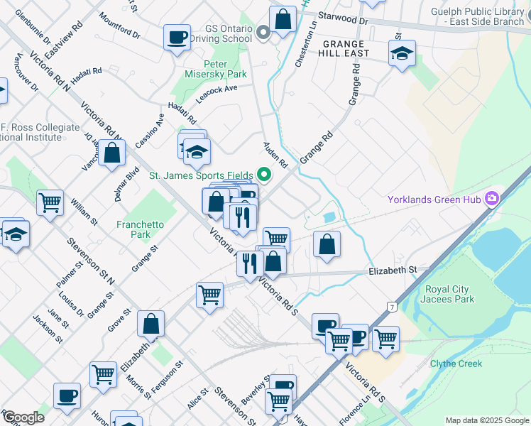 map of restaurants, bars, coffee shops, grocery stores, and more near 269 Grange Road in Guelph