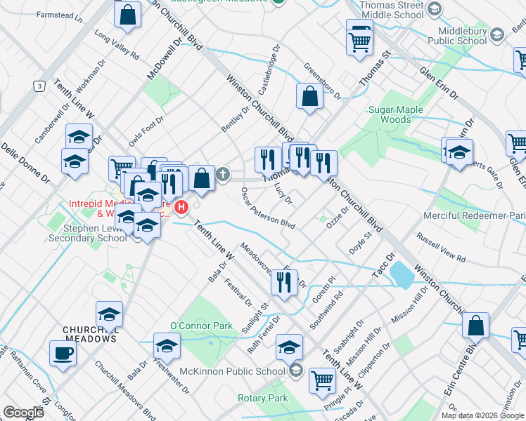 map of restaurants, bars, coffee shops, grocery stores, and more near in Mississauga