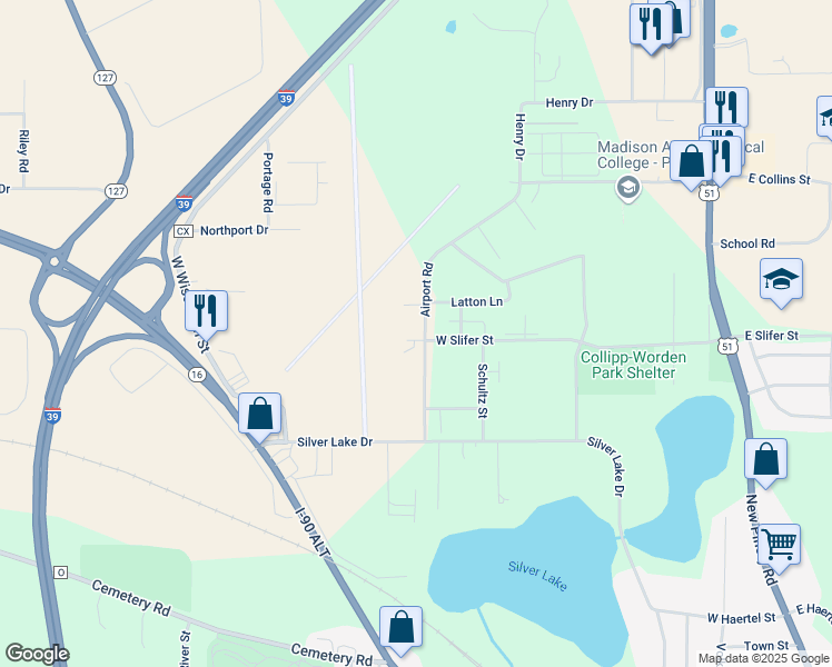 map of restaurants, bars, coffee shops, grocery stores, and more near 701 West Slifer Street in Portage