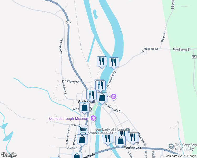 map of restaurants, bars, coffee shops, grocery stores, and more near 7-9 Main Street in Whitehall