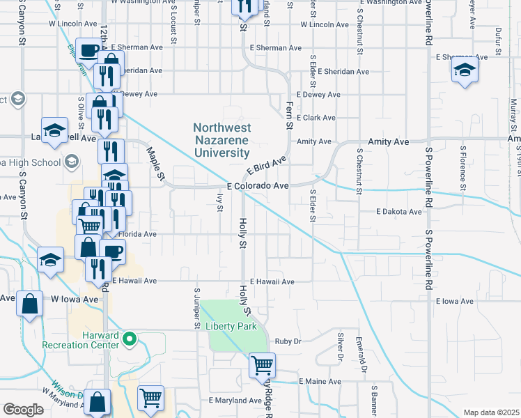 map of restaurants, bars, coffee shops, grocery stores, and more near 1101 South Garland Street in Nampa