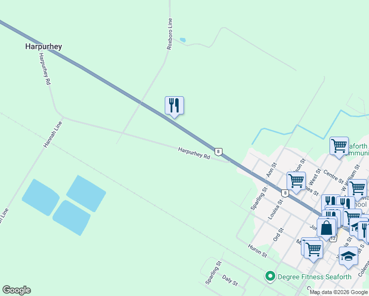 map of restaurants, bars, coffee shops, grocery stores, and more near 27 Harpurhey Road in Huron County