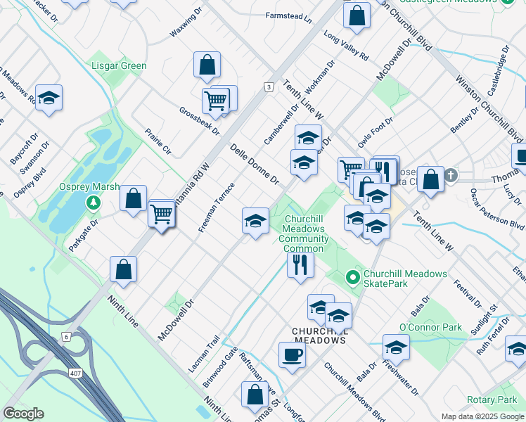 map of restaurants, bars, coffee shops, grocery stores, and more near 3387 McDowell Drive in Mississauga