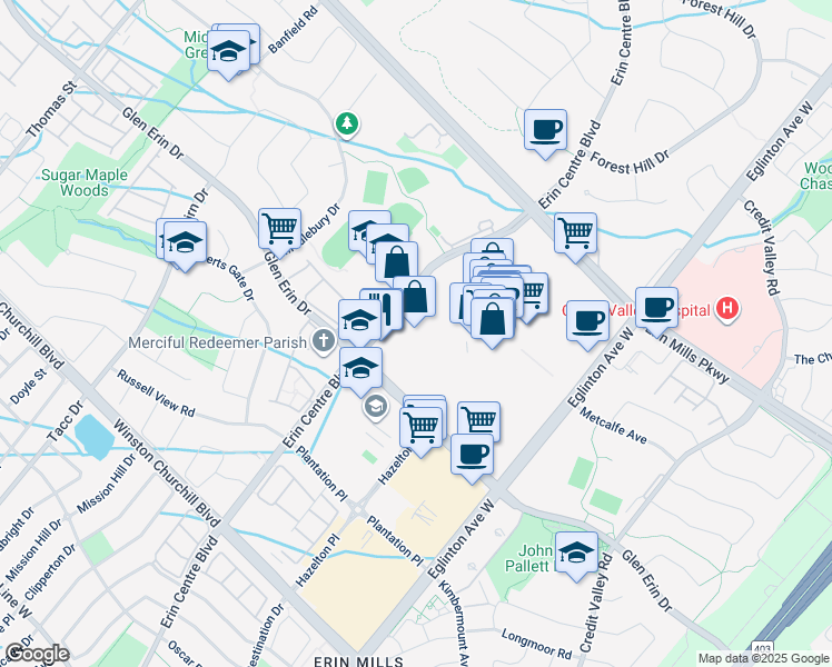 map of restaurants, bars, coffee shops, grocery stores, and more near 2670 Erin Centre Boulevard in Mississauga