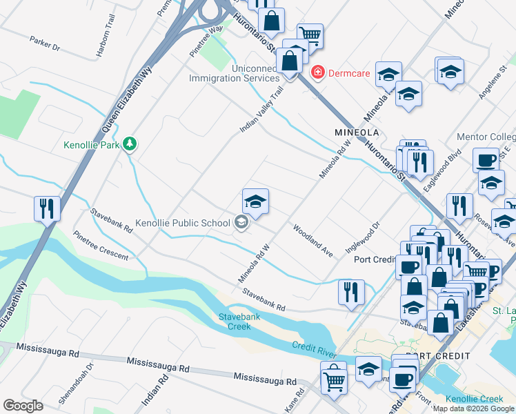 map of restaurants, bars, coffee shops, grocery stores, and more near 1380 Birchwood Heights Drive in Mississauga