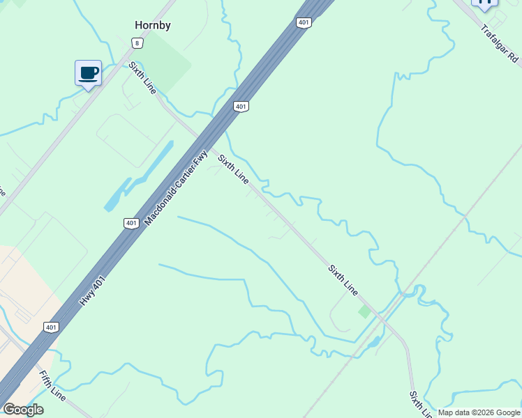 map of restaurants, bars, coffee shops, grocery stores, and more near 7548 Sixth Line in Milton