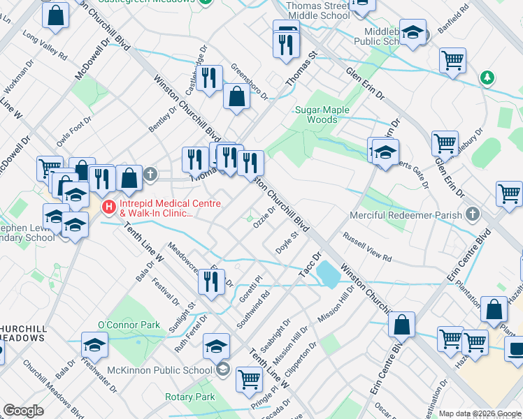 map of restaurants, bars, coffee shops, grocery stores, and more near 5511 Velda Road in Mississauga