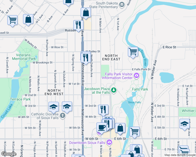 map of restaurants, bars, coffee shops, grocery stores, and more near 919 North Main Avenue in Sioux Falls