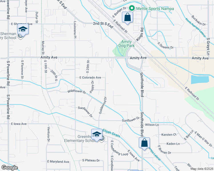 map of restaurants, bars, coffee shops, grocery stores, and more near 1028 Goldenrod Drive in Nampa