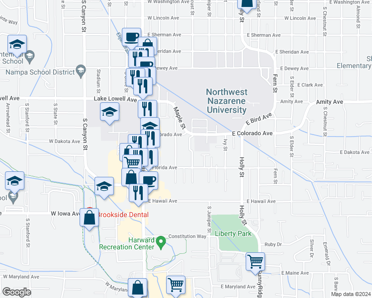 map of restaurants, bars, coffee shops, grocery stores, and more near 1023 South Locust Street in Nampa