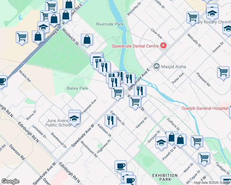 map of restaurants, bars, coffee shops, grocery stores, and more near 666 Woolwich Street in Guelph