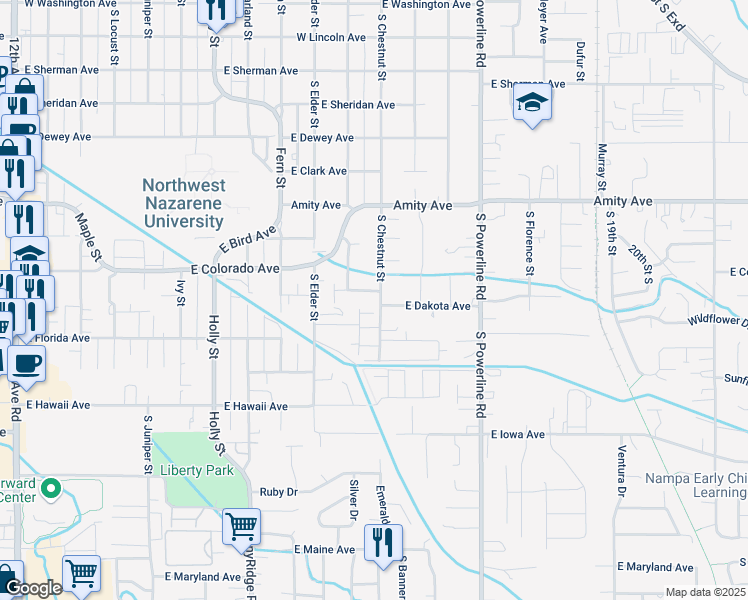map of restaurants, bars, coffee shops, grocery stores, and more near 1125 East Connecticut Avenue in Nampa