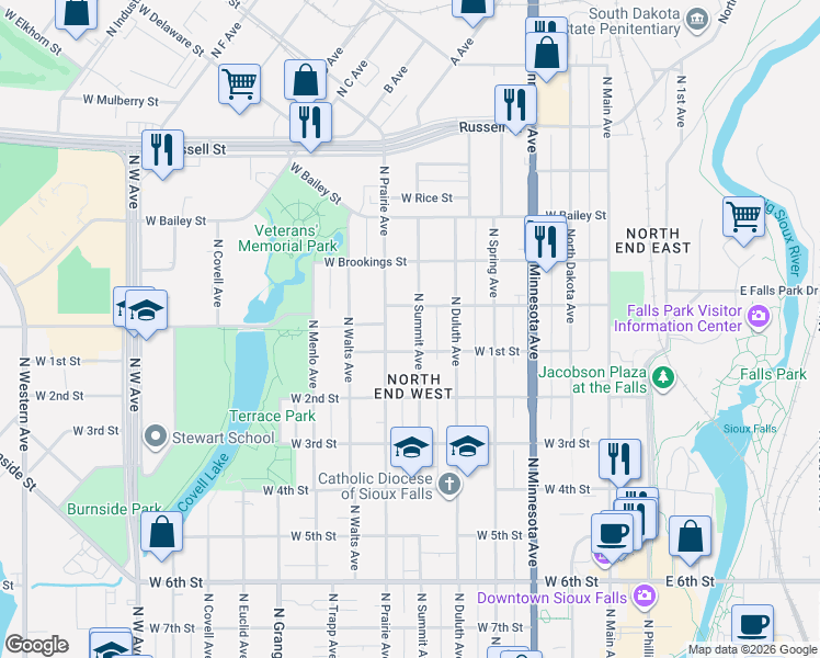 map of restaurants, bars, coffee shops, grocery stores, and more near 916 North Prairie Avenue in Sioux Falls