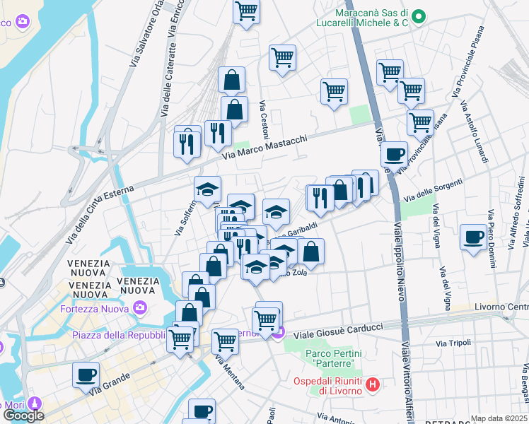 map of restaurants, bars, coffee shops, grocery stores, and more near 9 Via del Riposo in Livorno