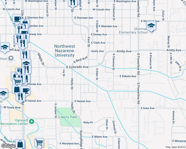 map of restaurants, bars, coffee shops, grocery stores, and more near 1017 South Elder Street in Nampa