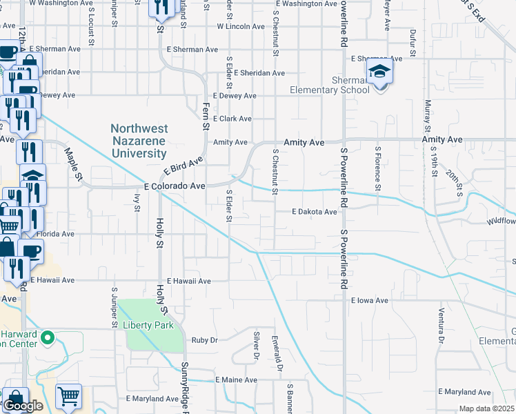 map of restaurants, bars, coffee shops, grocery stores, and more near 1107 East Connecticut Avenue in Nampa