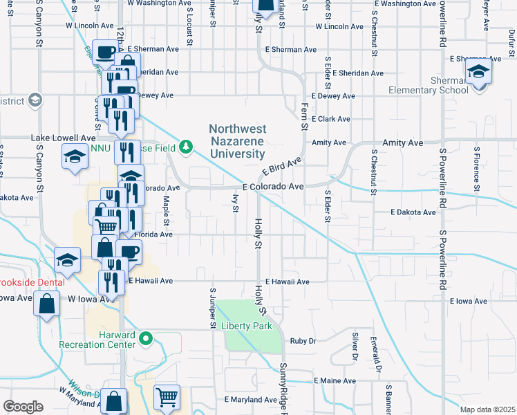 map of restaurants, bars, coffee shops, grocery stores, and more near 1011 Holly Street in Nampa